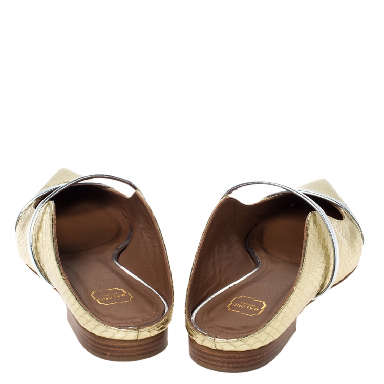 Pre Owned Malone Souliers Gold Snake Leather And Silver Leather Maureen Pointed Toe Mules Size 38