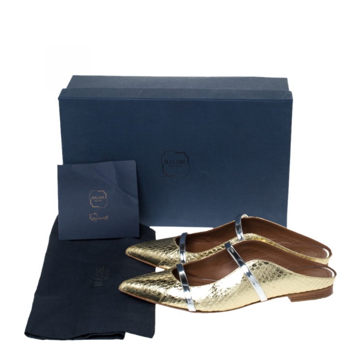 Pre Owned Malone Souliers Gold Snake Leather And Silver Leather Maureen Pointed Toe Mules Size 38