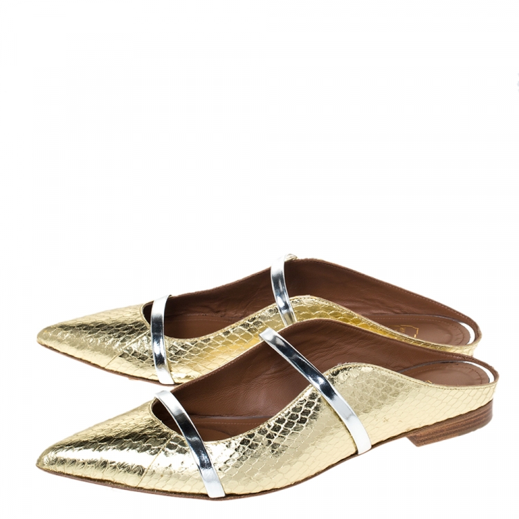 Pre Owned Malone Souliers Gold Snake Leather And Silver Leather Maureen Pointed Toe Mules Size 38