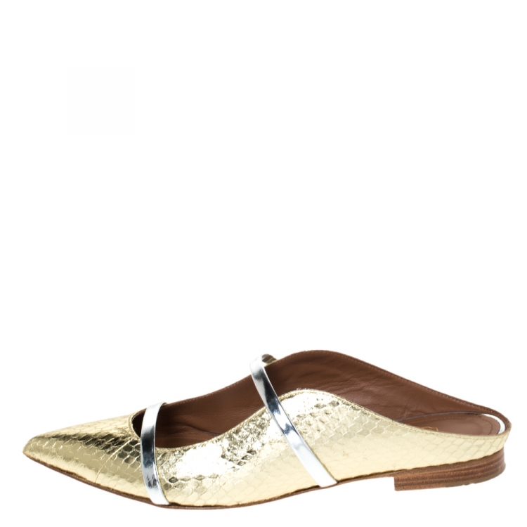 Pre Owned Malone Souliers Gold Snake Leather And Silver Leather Maureen Pointed Toe Mules Size 38