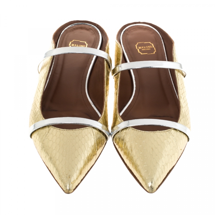 Pre Owned Malone Souliers Gold Snake Leather And Silver Leather Maureen Pointed Toe Mules Size 38