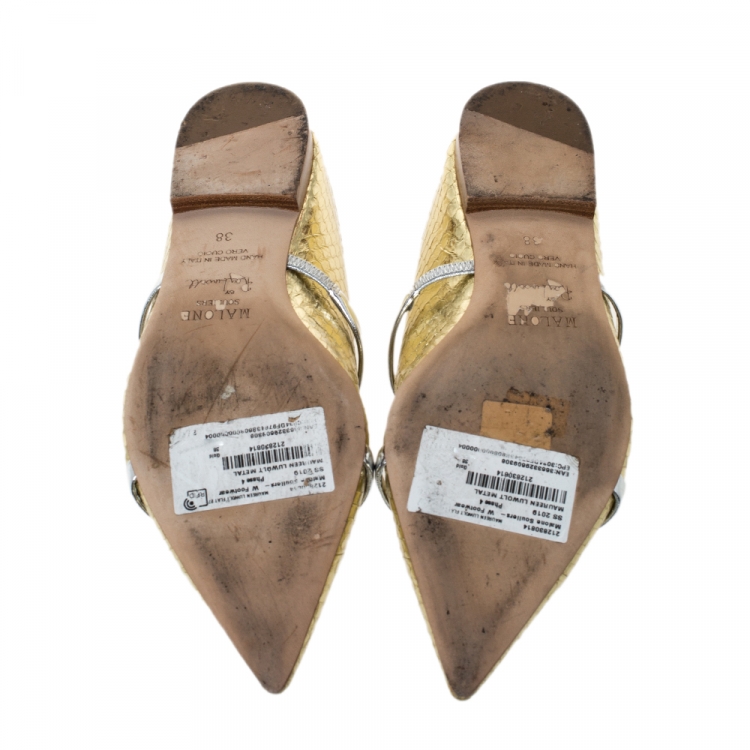 Pre Owned Malone Souliers Gold Snake Leather And Silver Leather Maureen Pointed Toe Mules Size 38