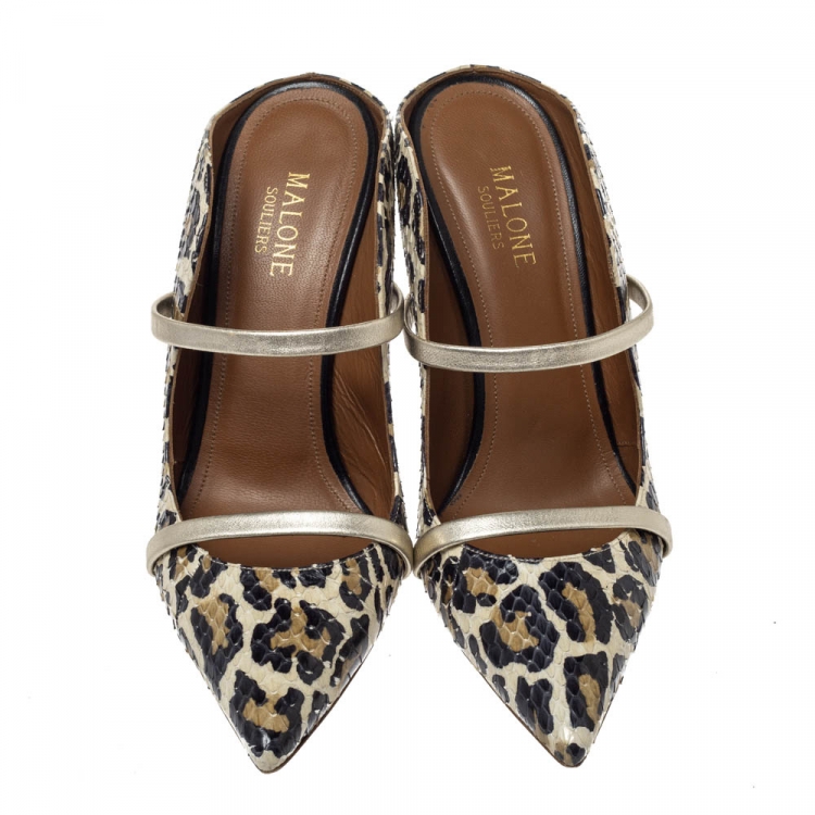 Pre Owned Malone Souliers Multicolor Leopard Print Snakeskin Maureen Pointed Toe Mules Size 38