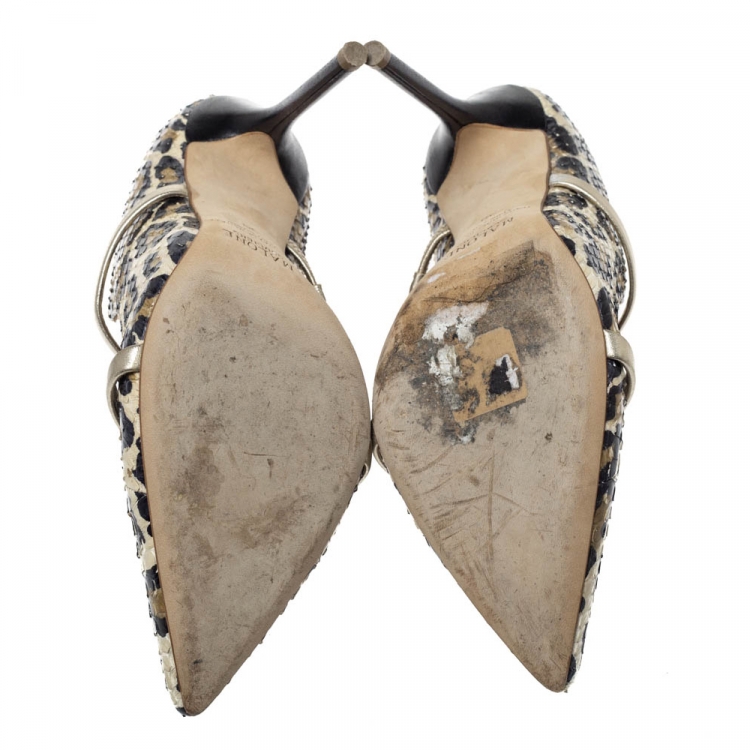 Pre Owned Malone Souliers Multicolor Leopard Print Snakeskin Maureen Pointed Toe Mules Size 38