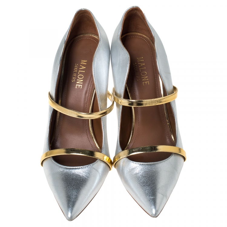 Pre Owned Malone Souliers Silver/Gold Foil Leather Maureen Pumps Size 37
