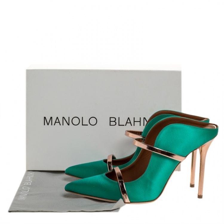 Pre Owned Malone Souliers Green/Bronze Satin Maureen Pointed Toe Mules Size 41