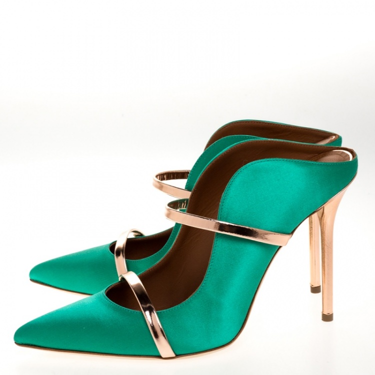 Pre Owned Malone Souliers Green/Bronze Satin Maureen Pointed Toe Mules Size 41