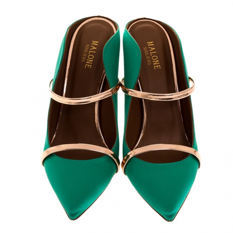 Pre Owned Malone Souliers Green/Bronze Satin Maureen Pointed Toe Mules Size 41