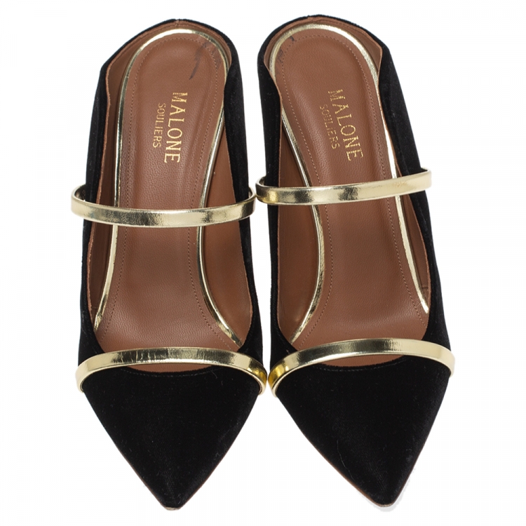 Pre Owned Malone Souliers Black Velvet And Metallic Gold Maureen Mules Size 38.5