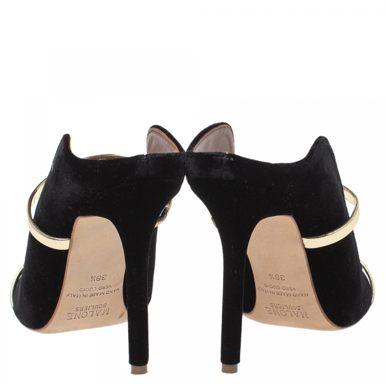 Pre Owned Malone Souliers Black Velvet And Metallic Gold Maureen Mules Size 38.5