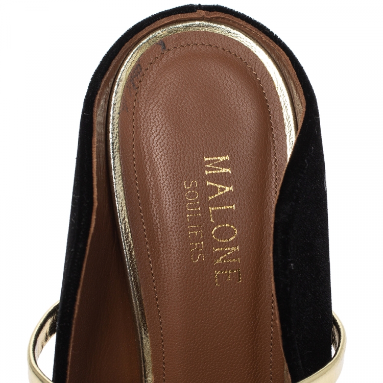 Pre Owned Malone Souliers Black Velvet And Metallic Gold Maureen Mules Size 38.5