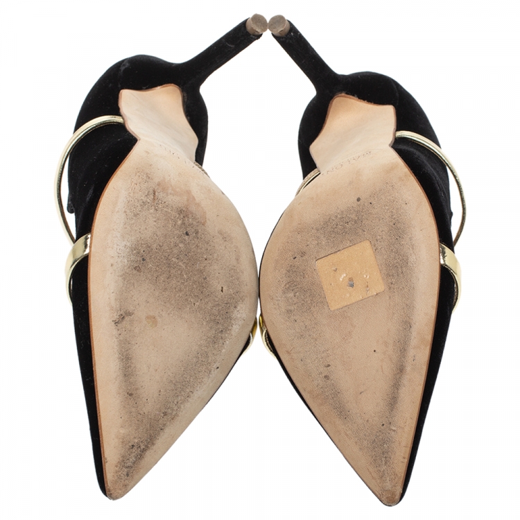 Pre Owned Malone Souliers Black Velvet And Metallic Gold Maureen Mules Size 38.5