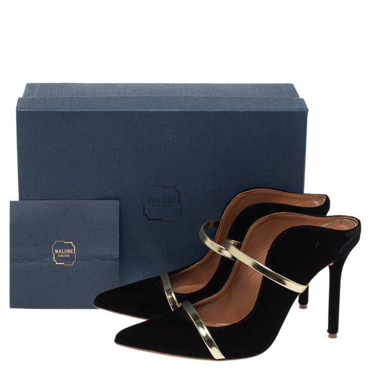 Pre Owned Malone Souliers Black Velvet And Metallic Gold Maureen Mules Size 38.5