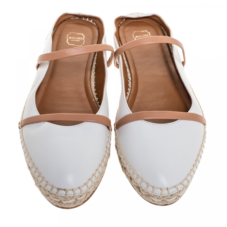 Pre Owned Malone Souliers White/Brown Leather Sienna Espadrille Mules Size 39
