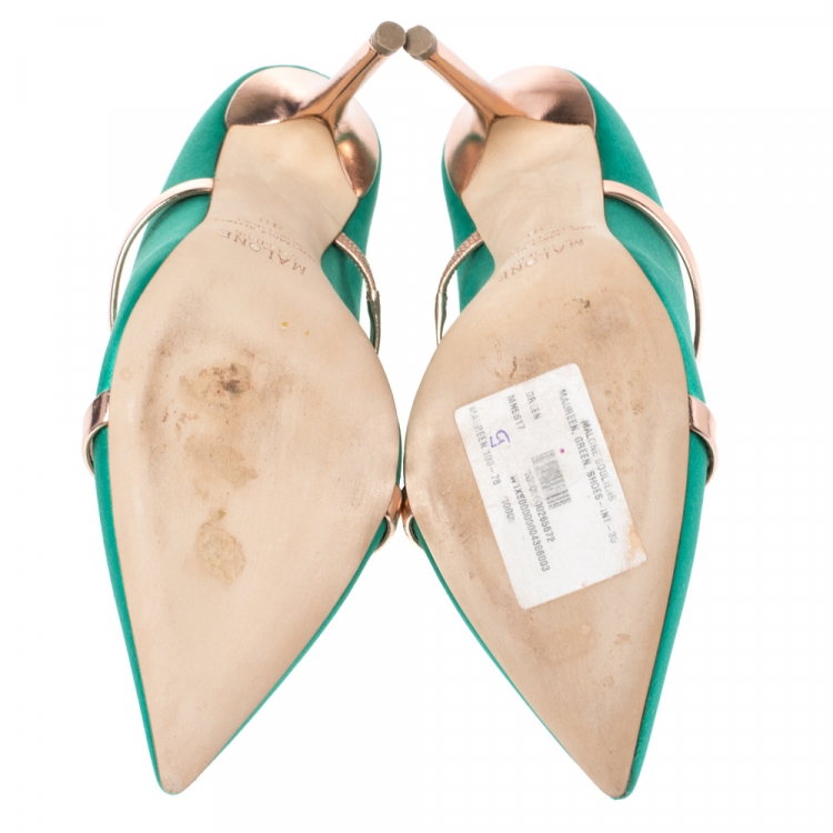 Pre Owned Malone Souliers Green Satin and Rose Gold Trim Leather Maureen Pointed Toe Mules Size 38