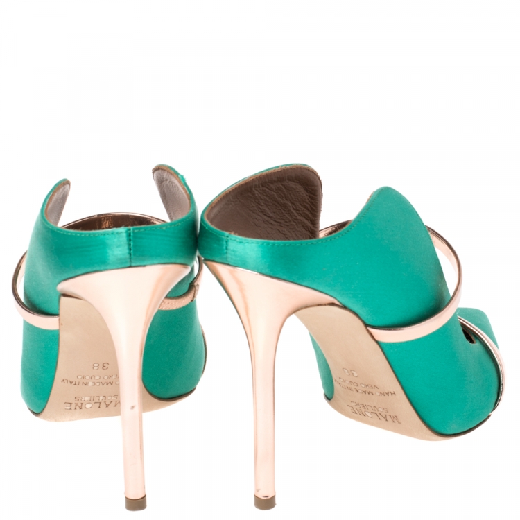 Pre Owned Malone Souliers Green Satin and Rose Gold Trim Leather Maureen Pointed Toe Mules Size 38