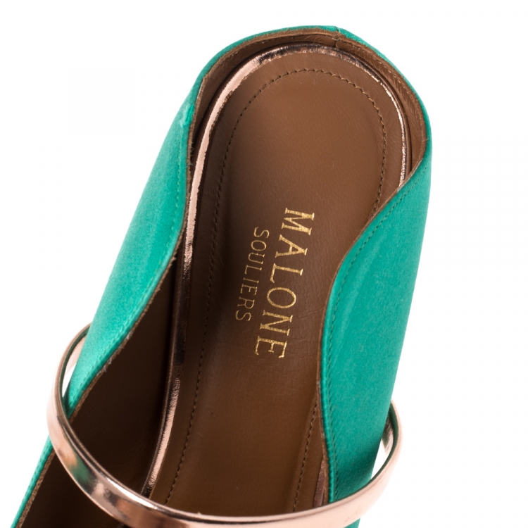 Pre Owned Malone Souliers Green Satin and Rose Gold Trim Leather Maureen Pointed Toe Mules Size 38