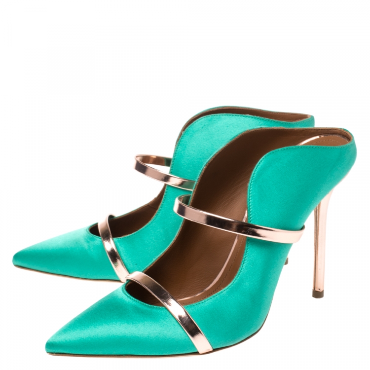 Pre Owned Malone Souliers Green Satin and Rose Gold Trim Leather Maureen Pointed Toe Mules Size 38
