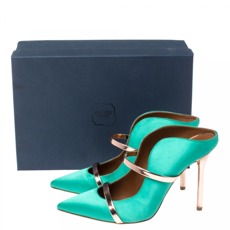Pre Owned Malone Souliers Green Satin and Rose Gold Trim Leather Maureen Pointed Toe Mules Size 38