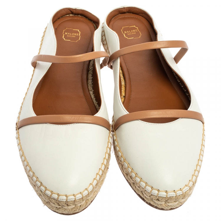 Pre Owned Malone Souliers White/Brown Leather Sienna Espadrille Mules Size 42