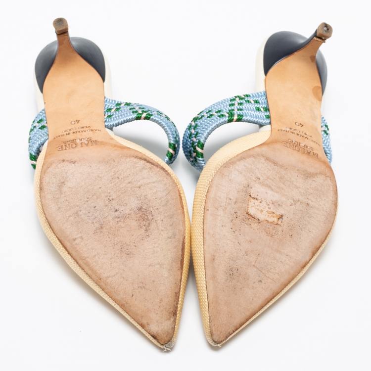 مملوكة مسبقًا Malone Souliers Cream/Blue Raffia And Fabric Maisie Pointed Toe Mules Size 40