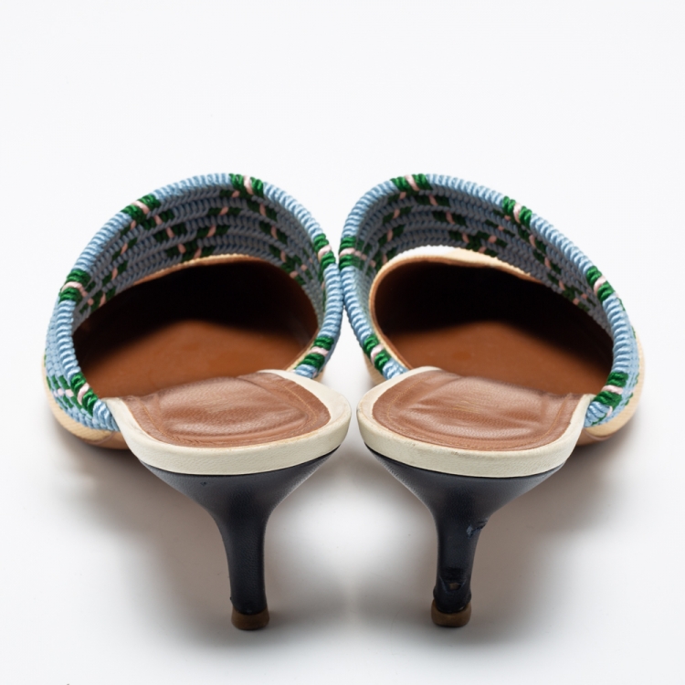 مملوكة مسبقًا Malone Souliers Cream/Blue Raffia And Fabric Maisie Pointed Toe Mules Size 40