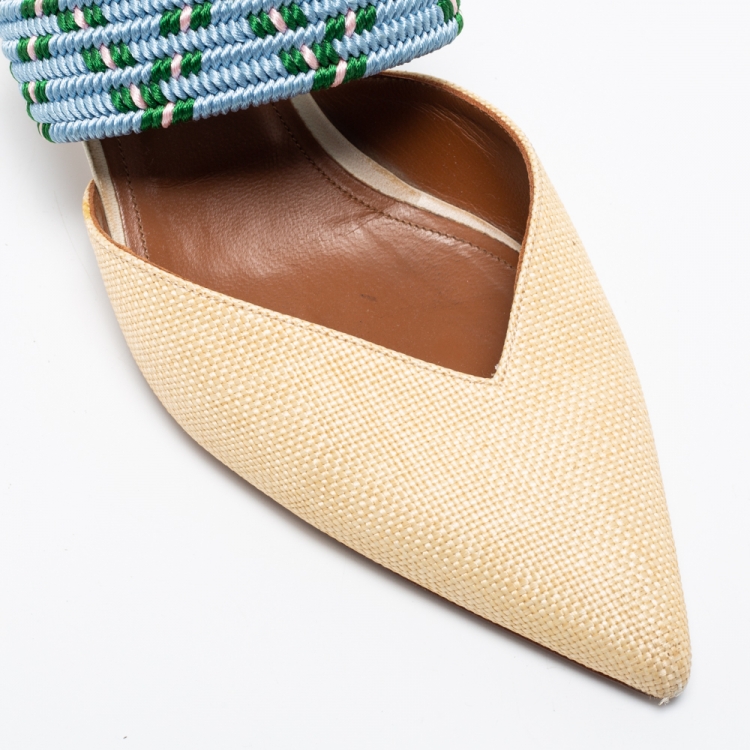 مملوكة مسبقًا Malone Souliers Cream/Blue Raffia And Fabric Maisie Pointed Toe Mules Size 40