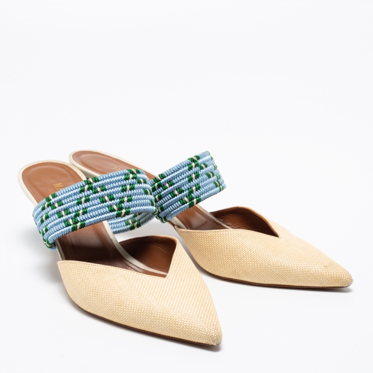 مملوكة مسبقًا Malone Souliers Cream/Blue Raffia And Fabric Maisie Pointed Toe Mules Size 40