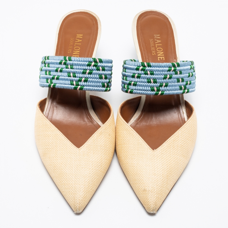 مملوكة مسبقًا Malone Souliers Cream/Blue Raffia And Fabric Maisie Pointed Toe Mules Size 40