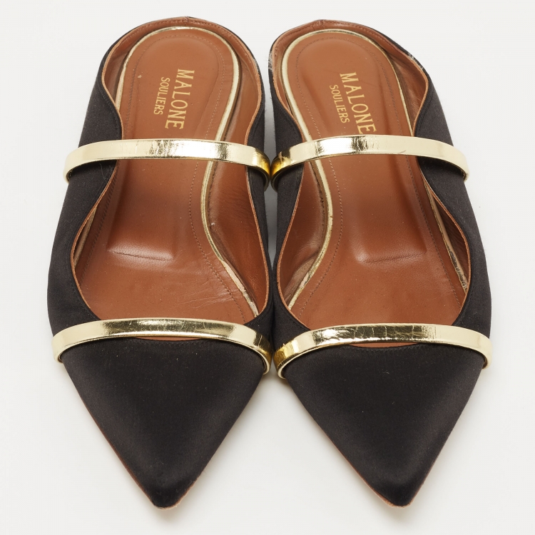 Pre Owned Malone Souliers Black Satin Maureen Flat Mules Size 37