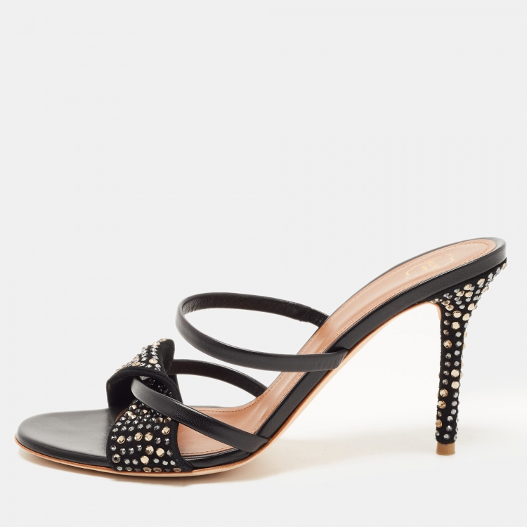 مملوكة مسبقًا Malone Souliers Black Leather and Crystal Embellished Suede Slide Sandals Size 38
