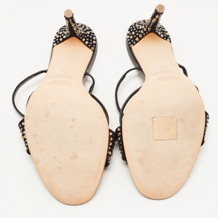 مملوكة مسبقًا Malone Souliers Black Leather and Crystal Embellished Suede Slide Sandals Size 38