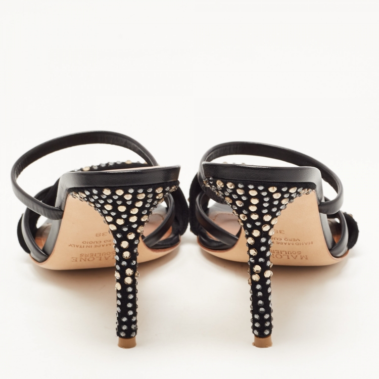 مملوكة مسبقًا Malone Souliers Black Leather and Crystal Embellished Suede Slide Sandals Size 38