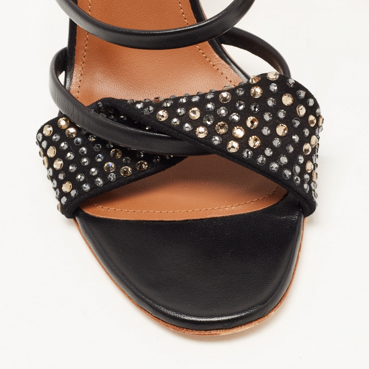 مملوكة مسبقًا Malone Souliers Black Leather and Crystal Embellished Suede Slide Sandals Size 38