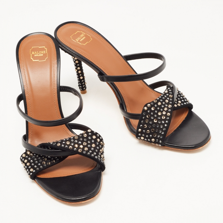 مملوكة مسبقًا Malone Souliers Black Leather and Crystal Embellished Suede Slide Sandals Size 38