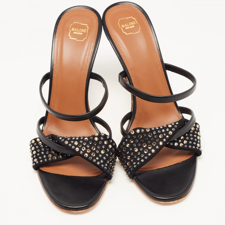 مملوكة مسبقًا Malone Souliers Black Leather and Crystal Embellished Suede Slide Sandals Size 38