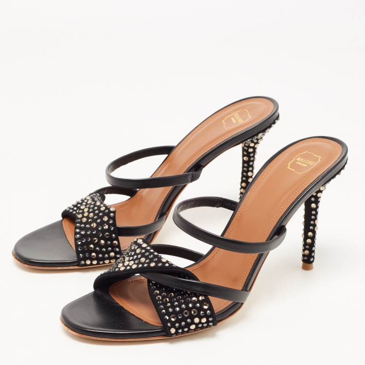 مملوكة مسبقًا Malone Souliers Black Leather and Crystal Embellished Suede Slide Sandals Size 38