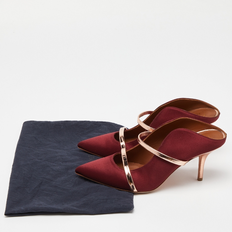 Pre Owned Malone Souliers Burgundy/Rose Gold Satin and Leather Maureen Pointed Toe Mules Size 39