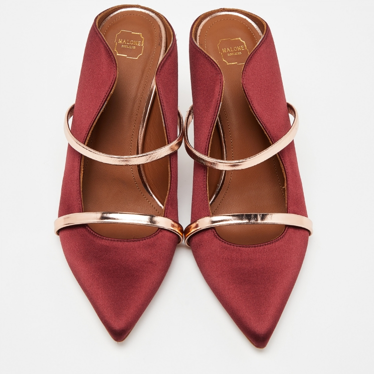 Pre Owned Malone Souliers Burgundy/Rose Gold Satin and Leather Maureen Pointed Toe Mules Size 39