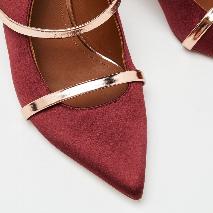 Pre Owned Malone Souliers Burgundy/Rose Gold Satin and Leather Maureen Pointed Toe Mules Size 39