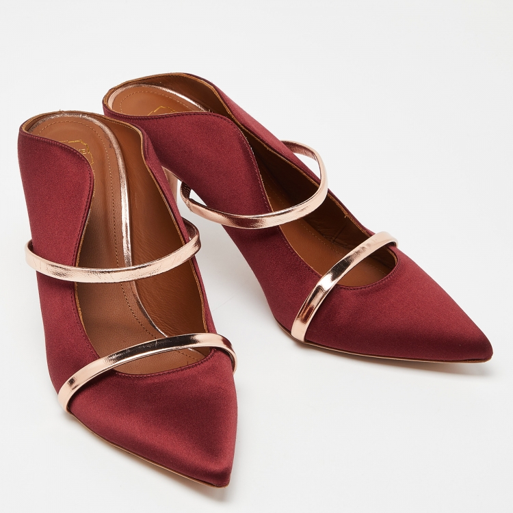 Pre Owned Malone Souliers Burgundy/Rose Gold Satin and Leather Maureen Pointed Toe Mules Size 39