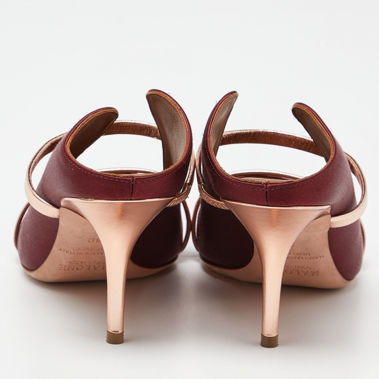 Pre Owned Malone Souliers Burgundy/Rose Gold Satin and Leather Maureen Pointed Toe Mules Size 39