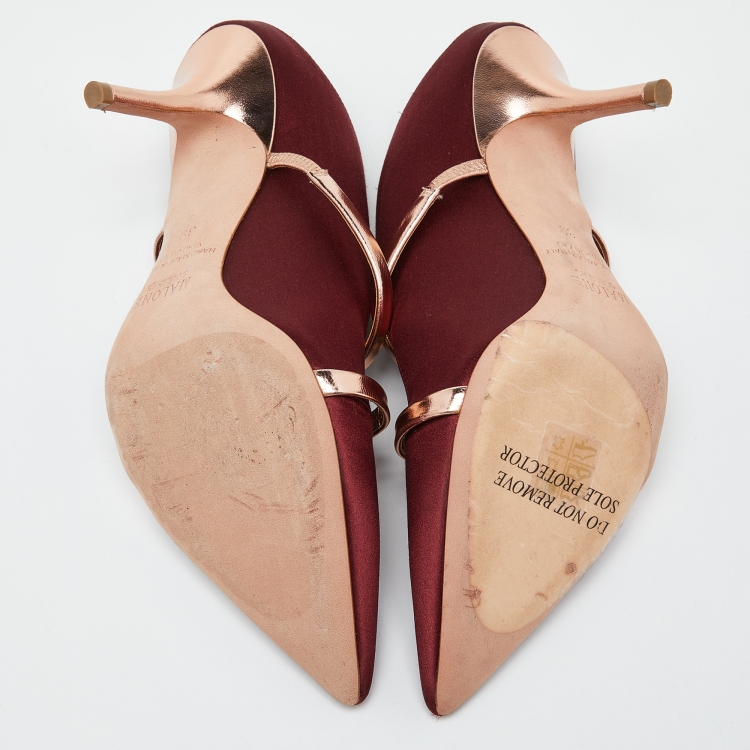 Pre Owned Malone Souliers Burgundy/Rose Gold Satin and Leather Maureen Pointed Toe Mules Size 39