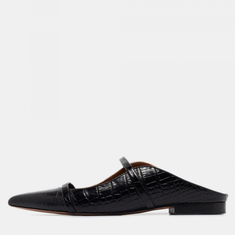 Pre Owned Malone Souliers Black Croc Embossed Leather Maureen Flat Mules Size 39