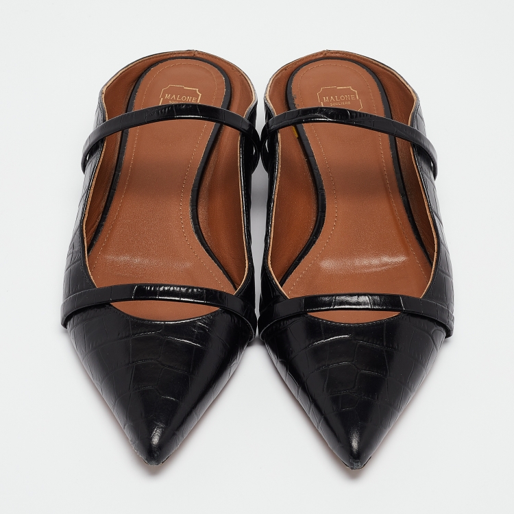 Pre Owned Malone Souliers Black Croc Embossed Leather Maureen Flat Mules Size 39