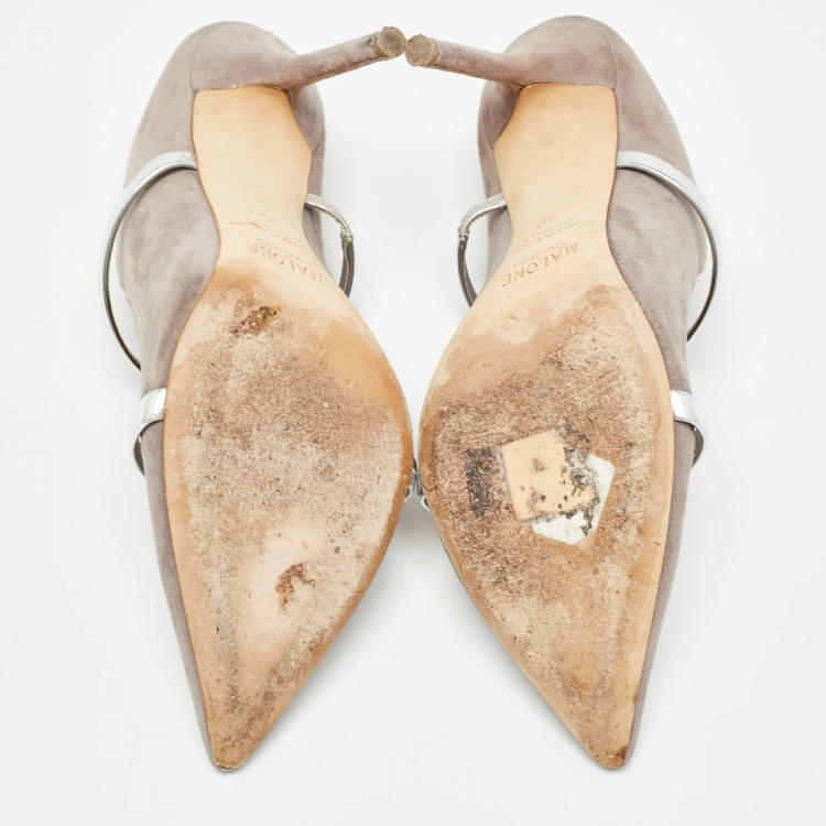 Pre Owned Malone Souliers Grey/Silver Suede and Leather Maureen Mules Size 39