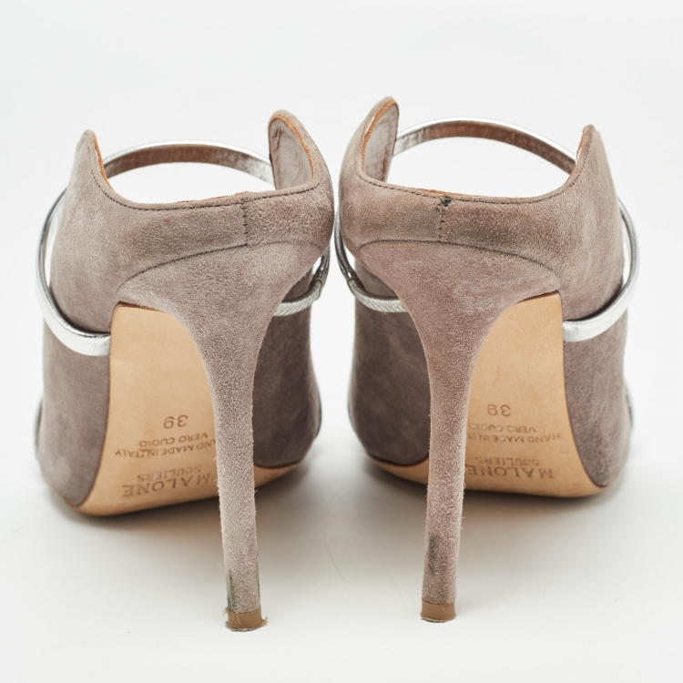 Pre Owned Malone Souliers Grey/Silver Suede and Leather Maureen Mules Size 39