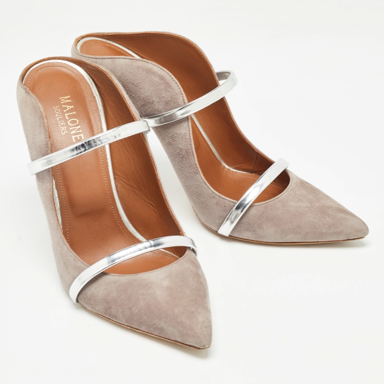 Pre Owned Malone Souliers Grey/Silver Suede and Leather Maureen Mules Size 39