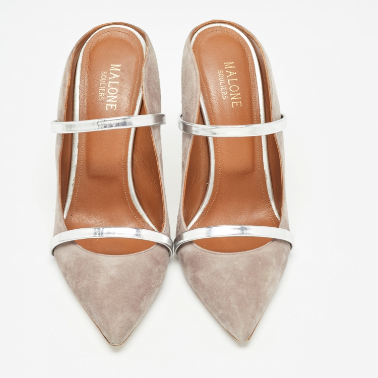 Pre Owned Malone Souliers Grey/Silver Suede and Leather Maureen Mules Size 39