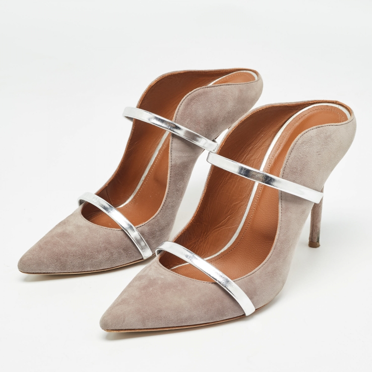 Pre Owned Malone Souliers Grey/Silver Suede and Leather Maureen Mules Size 39